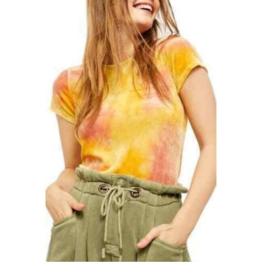 Free People Bright Eyes Top Size S Short Sleeve Velvet Sunshine NWT B90